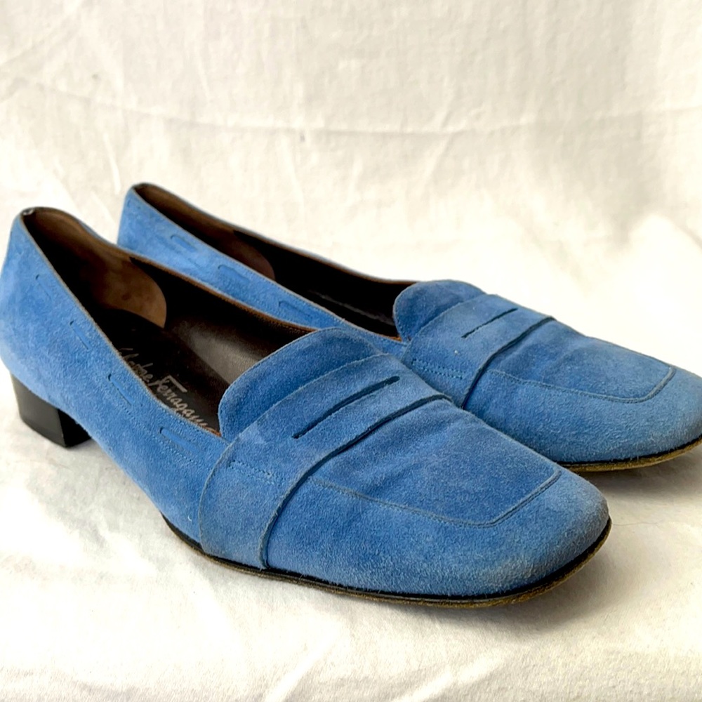 Ferragamo Blue suede 1” heeled loafers